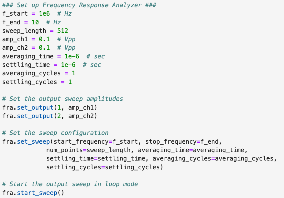 An example of Python code for the Frequency Response Analyzer